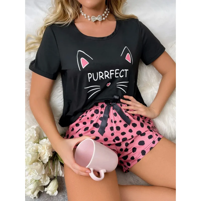 Women Pajamas Sets Short Sleeve Nightwear Top and Pants Sleepwear Faux Cotton Pjs Loungewear Grid Print Pyjamas Set Nightwear