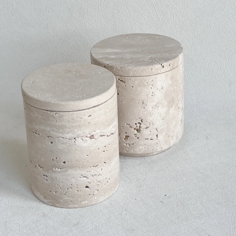D9X11.5CM Wabi-sabi Beige Travertine Marble Jars Stone Vessel Storage Candle Tank with lid and boxes Packaging