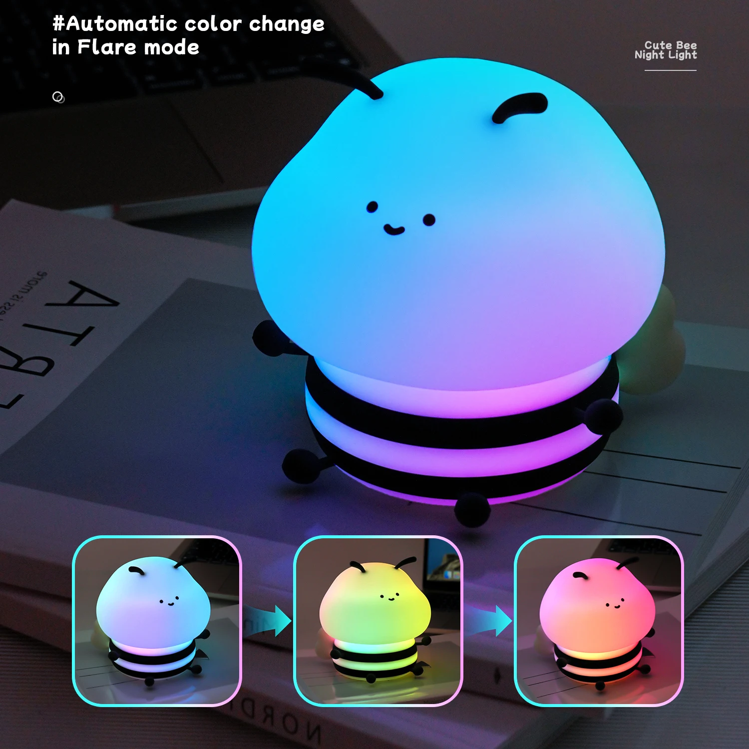 Lessdot Bee Night Light Cute Silicone Night Light Desktop Decorative Lamp Indoor RGB Magic Color Atmosphere Lamp Children\'s Gift