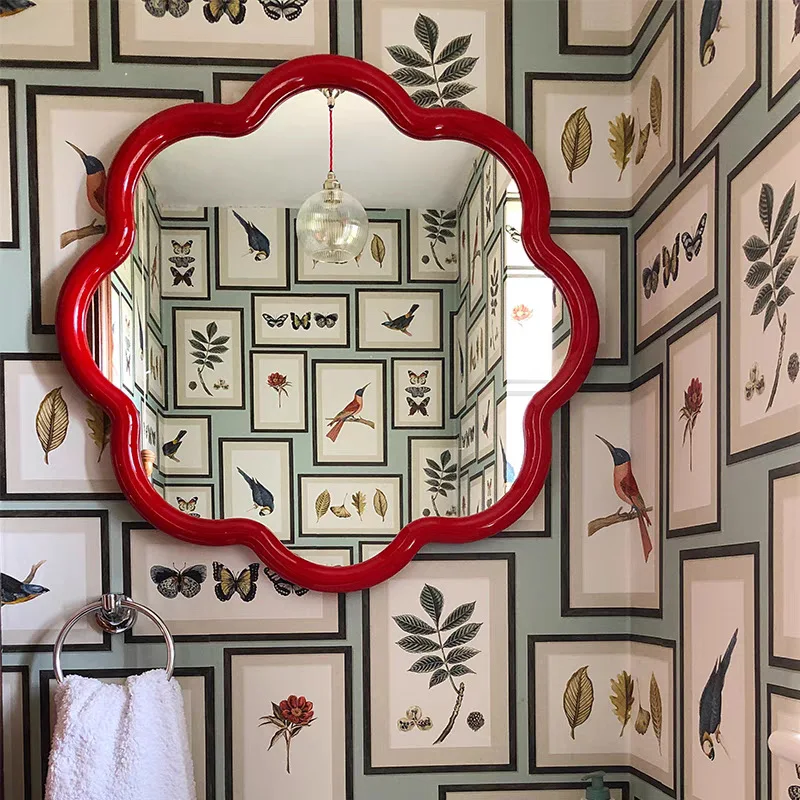 

Round rubber wood solid wood red washstand mirror