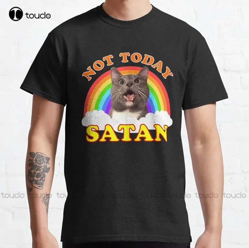 Not Today Satan! - Roger The Cat Death Metal Rainbow Smiles Classic T-Shirt Funny Art Streetwear Cartoon Tee Custom Gift Xs-5Xl