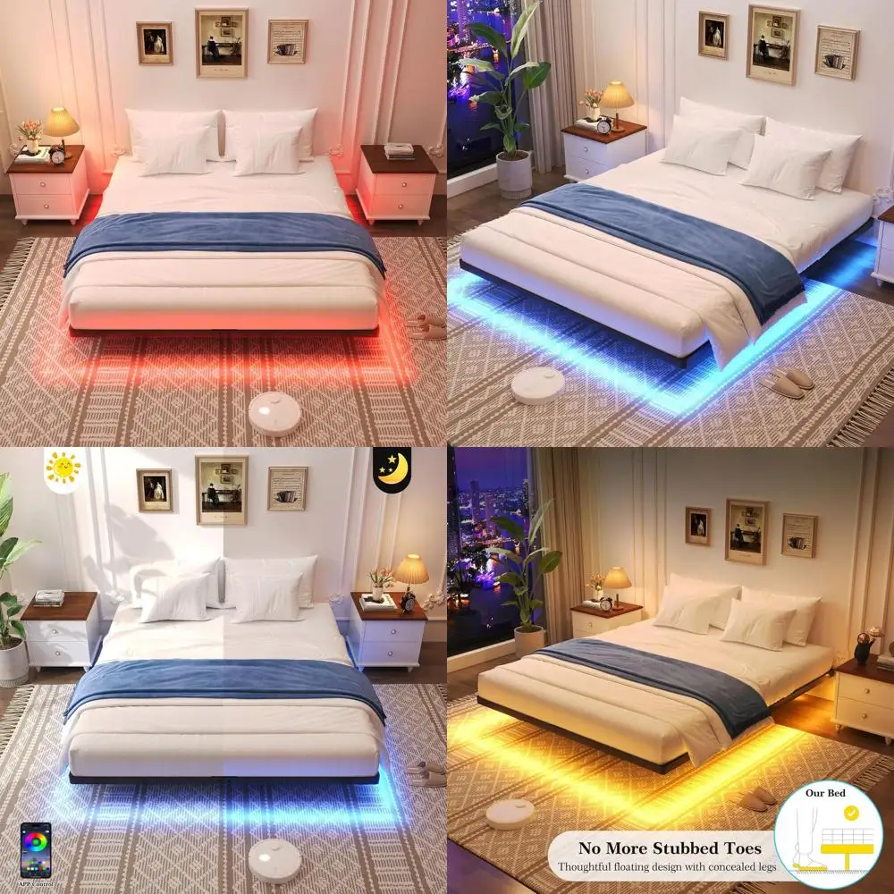 

Queen Size Metal Platform Bed with Smart LED Lights - Heavy Duty, No Box Spring Needed, Easy Assembly, Noise-Free