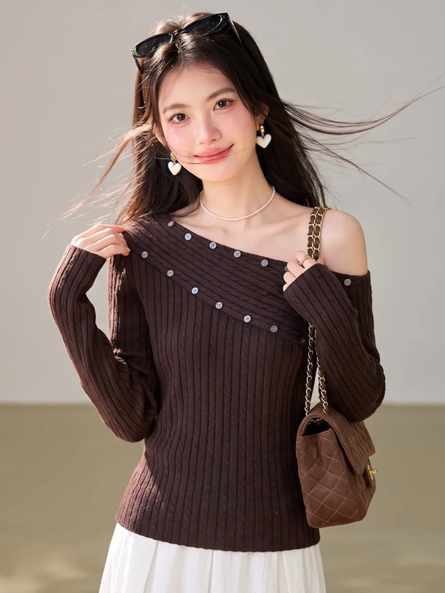 Elegant Long Sleeve Asymmetrical Knitted Top Women's Inner Wear Coffee Color Autumn Design Ladies Fashion Shoulder Baring Swe...