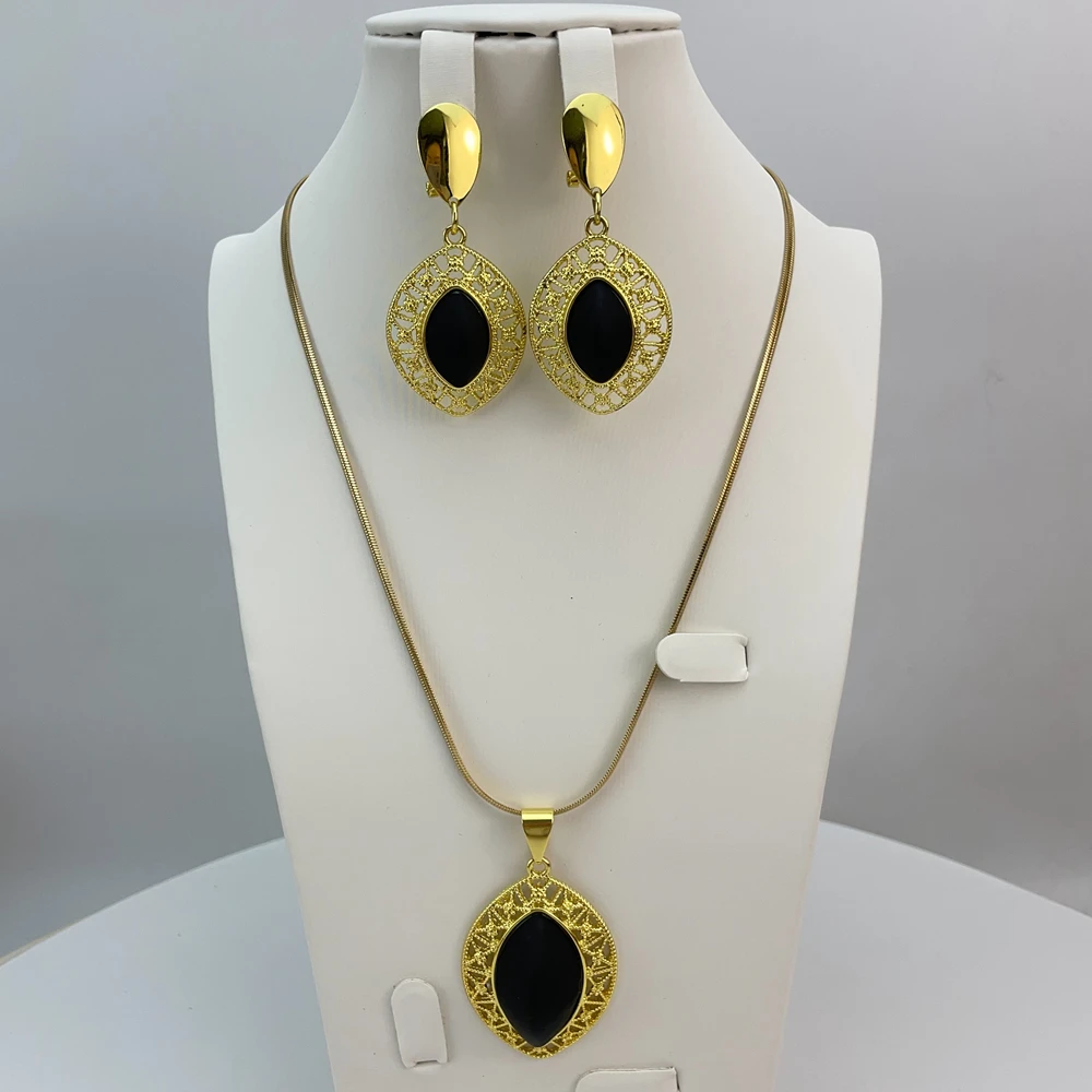 Latest Golden Colorful Stone Pendant Earrings Dubai Luxury Trendy Jewelry Set for Ladies and Women Earrings Set FHK22905