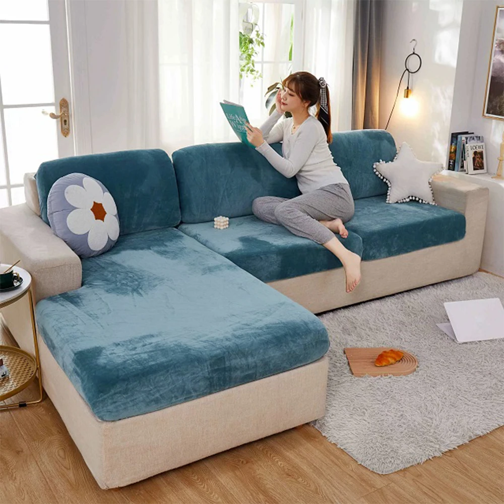 Velvet Sofa Seat Cushion Cover Soft Solid Sofa Covers High Stretch Sofa Couch Slipcover Spandex Thick L-shaped Living Room Home