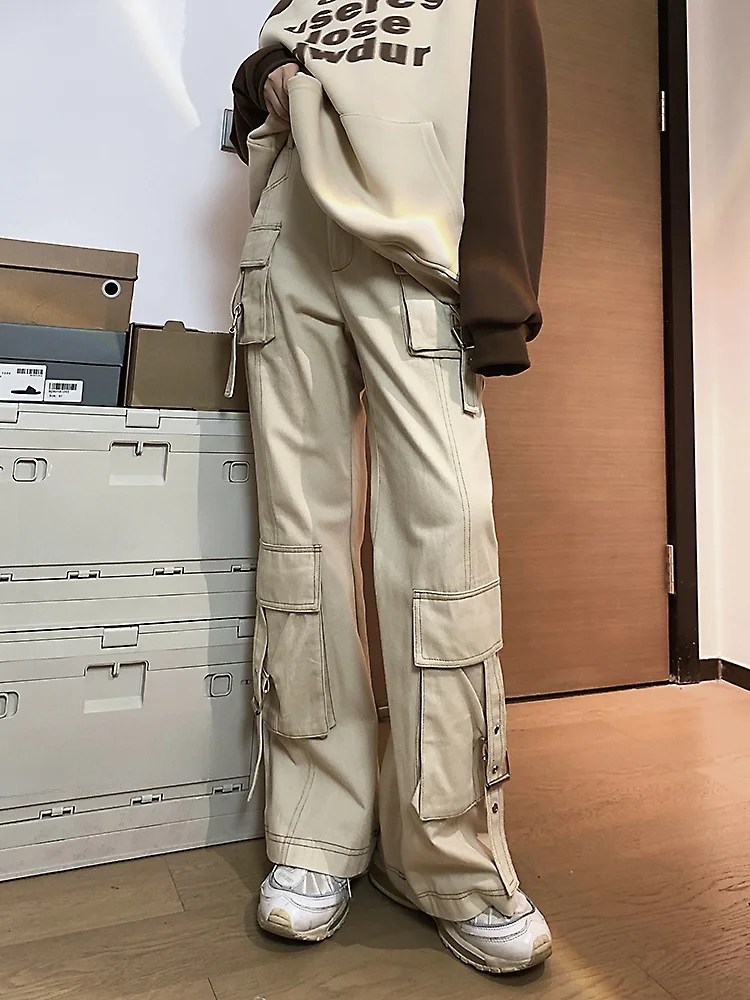 

American Retro Workwear Jeans Women's High Street Loose Casual Wide Leg Floor-Length Pants Multi-ket Trendy