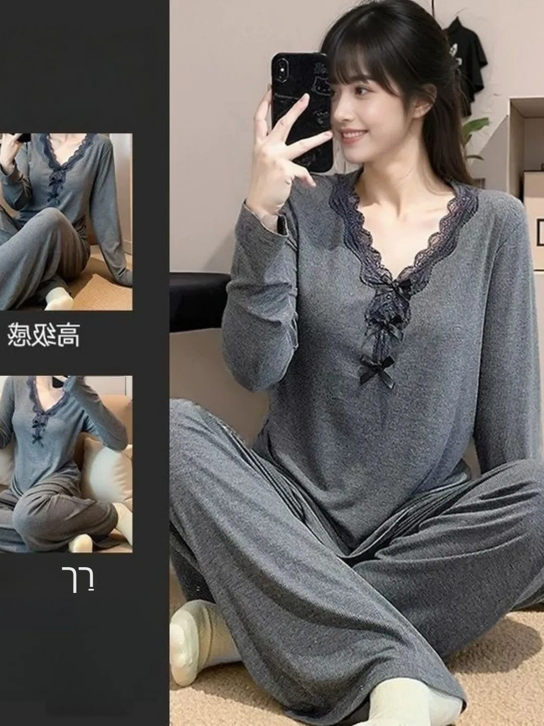 2026 New Lace Trim V-Neck Sleepwear Long Sleeve Long Pants Hooded Outdoor Wear Home Clothes plus Size Comfortable Leisure Style