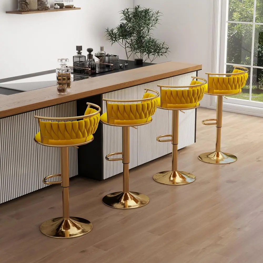 

Set of 4 Swivel Velvet Bar Stools with Adjustable Counter Height, Comfortable Kitchen Island Chairs with Woven Back and Footrest