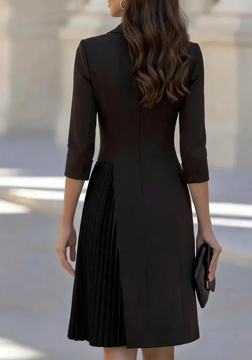 Bürodamen-Blazer-Midikleid mit gekerbtem Revers, doppelreihigen Knöpfen, 3/4-Ärmeln, plissiertem Swing-Schnitt, für Business- und Party-Anlässe. – Detail 4