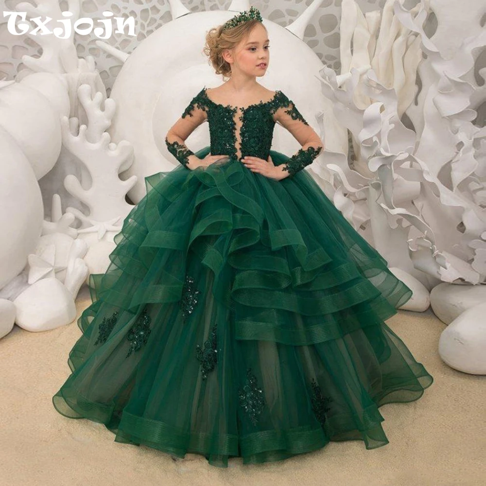 

Puffy Exquisite Beaded Appliques Girls Dresses For Birthday Party Elegant Colorful Off Shoulder Kids Princess Gown Wedding Wear