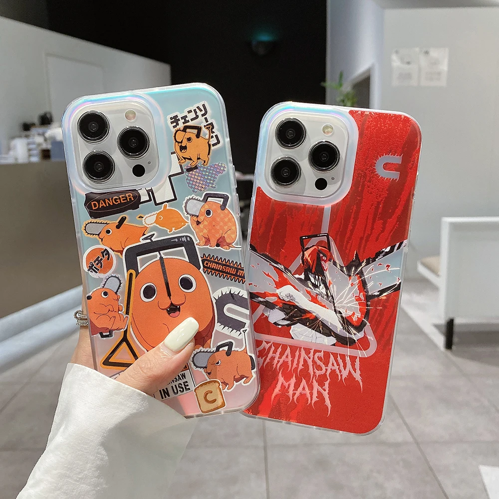 Anime Chainsaws Man Luxury Laser Phone Case for IPhone 15 14 13 12 11 Pro Max Drop-resistant Transparent Back Cover Funda