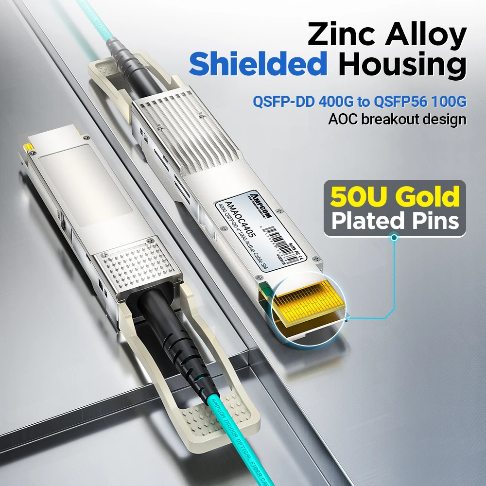 AMPCOM QSFP56 브레이크아웃 액티브 광 케이블, 시스코, 미크로틱, 포티넷, 유비퀴티 등용 AOC 어셈블리, 400G QSFP-DD, 4x100G