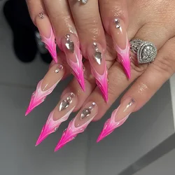 24Pcs Long Stiletto Almond Head Fake Nail with Rhinestone Design Wearable Pink French Press on False Nails Gradient Tip Manicure