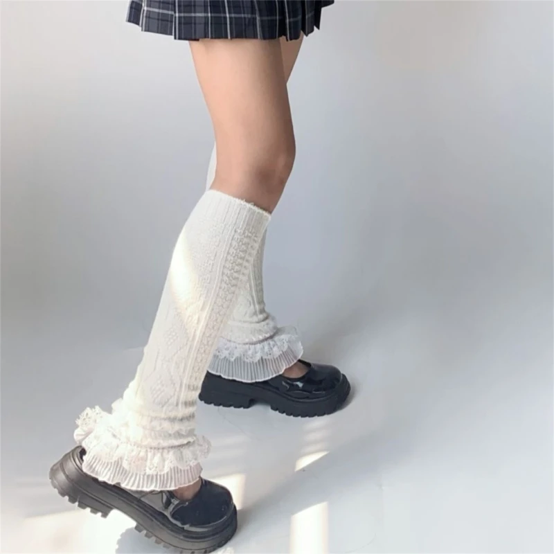 

Women Girls Japanese Lace Hem Knitted Leg Warmers Knee High Boot Stockings