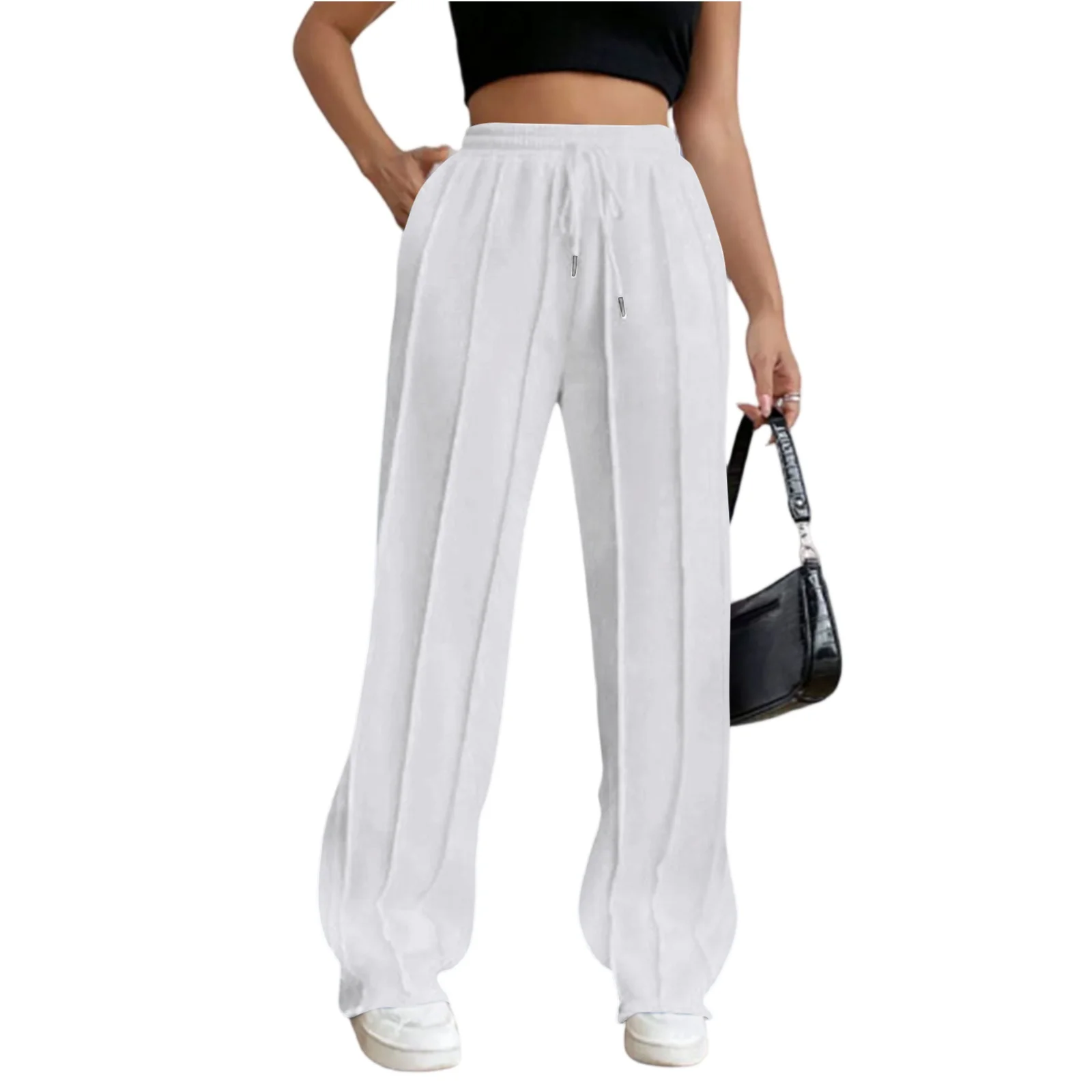 Vrouwelijke mode wijde pijpen broek casual minimalistische effen kleur met trekkoord geplooide broek dame elegante losse gezellige broek