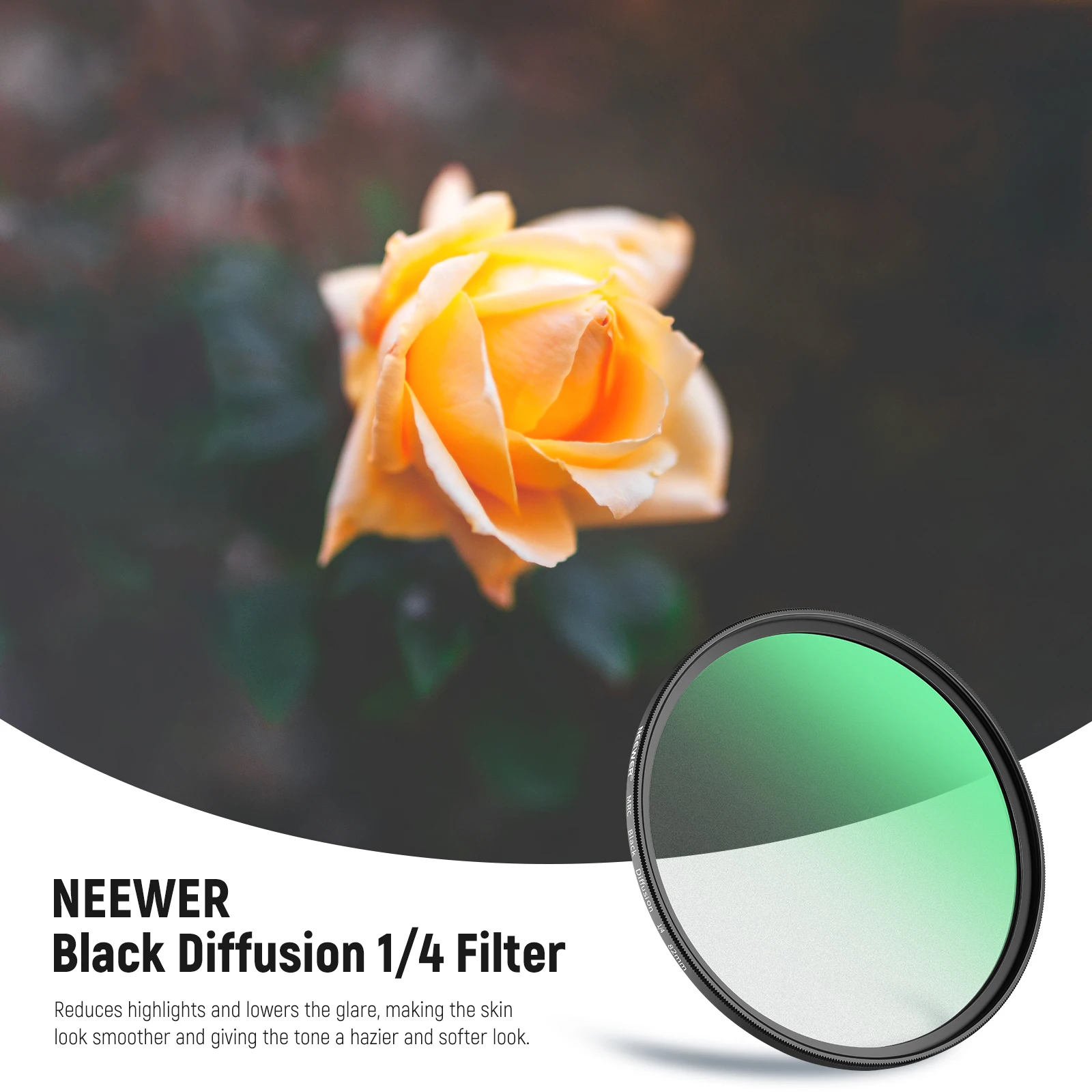 NEEWER Black Diffusion 1/4 Filter Mist Dreamy Cinematic Effect Filter HD Optical Glass For Video/Vlog/Portrait Photography