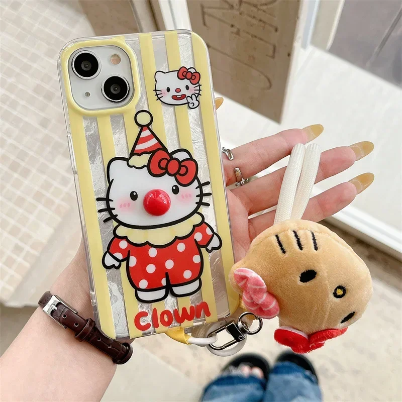 Hello Kitty Joker Funny Clown doll transparent Phone Case For iPhone 15 14 13 12 Pro Max Case Cute Hanging rope Shockproof Cover