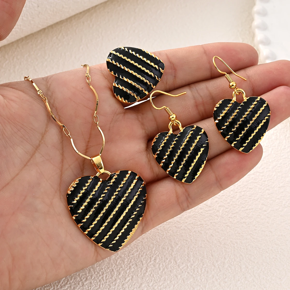 

Stylish Black Bilum Pendant Necklaces Earrings Ring Gold Color PNG Jewellery Set Papua New Guinea