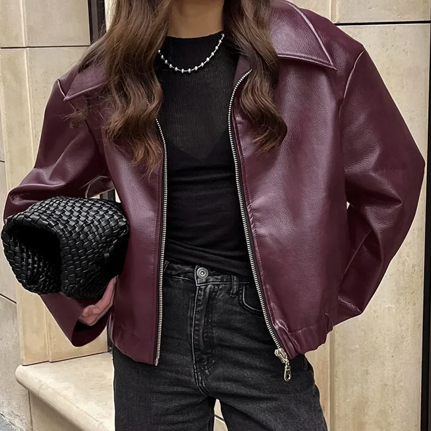 Personalized Retro Burgundy Jacket Motorcycle Girl Fashion Jacket 2024 Autumn and Winter New Niche Tops Female Temperament