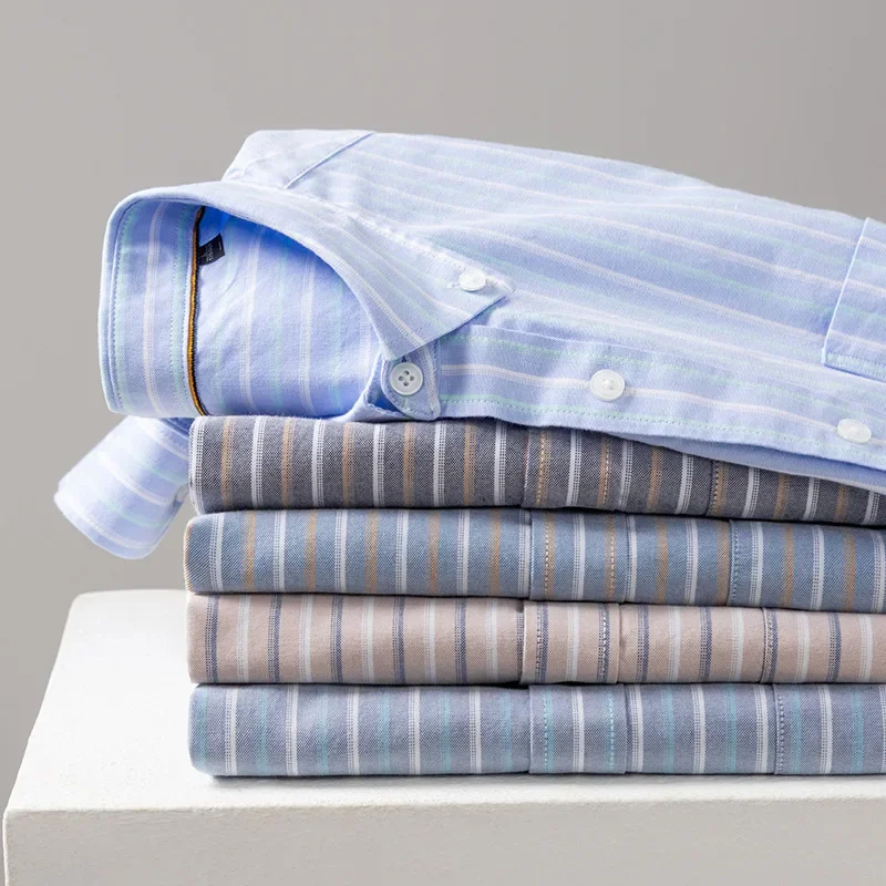 Корейская популярная одежда 2025 года, рубашки с длинными рукавами в полоску из 100% хлопка для мужчин, облегающие повседневные рубашки Plian, трендовые дизайнерские топы