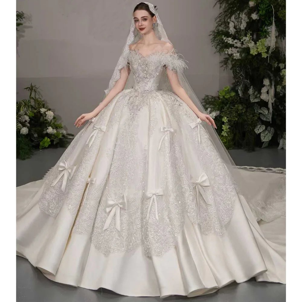 

Princess Style Off The Shoulder Sweetheart Wedding Dress With Crystal Feathers Embroidery Customizable Fit For 2026