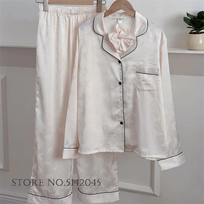 

Spring New Female 2PCS Pajamas Set Sleepwear Sweet Pink Jacquard Butterfly Trouser Suit Homewear Loose Casual Rayon Lounge Wear