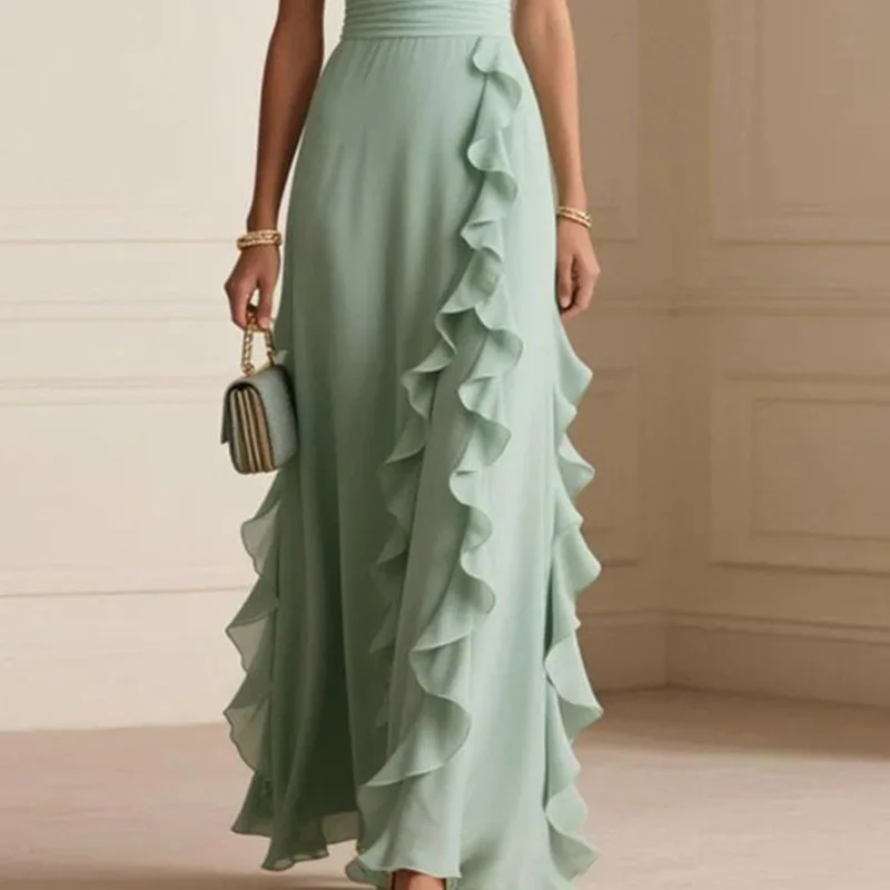 ชุดเดรสยาวสไตล์โบฮีเมียน แขนผีเสื้อ คอวี เอวสูง แต่งระบาย ผ้าเนื้อเรียบ สีพื้น ทรงเข้ารูป เหมาะสำหรับใส่ไปงานกลางคืนหรือใส่ลำลองในฤดูร้อน ดีไซน์เซ็กซี่