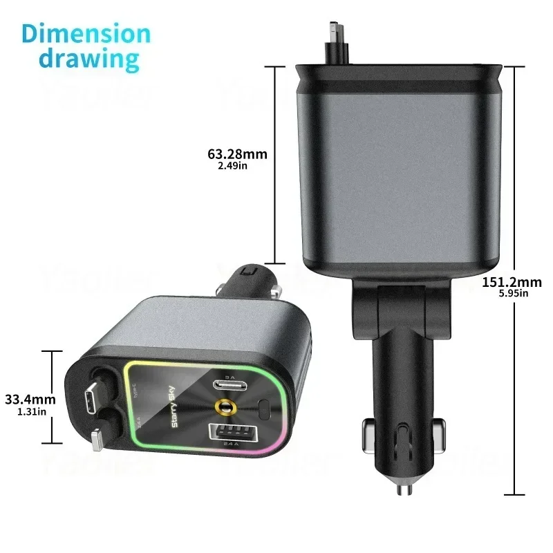 อัพเกรด Retractable Car Charger 120W 4 in 1 Retractable Car USB Charger พร้อม 2 USB C Lightning สาย Starlight ในหลังคารถ