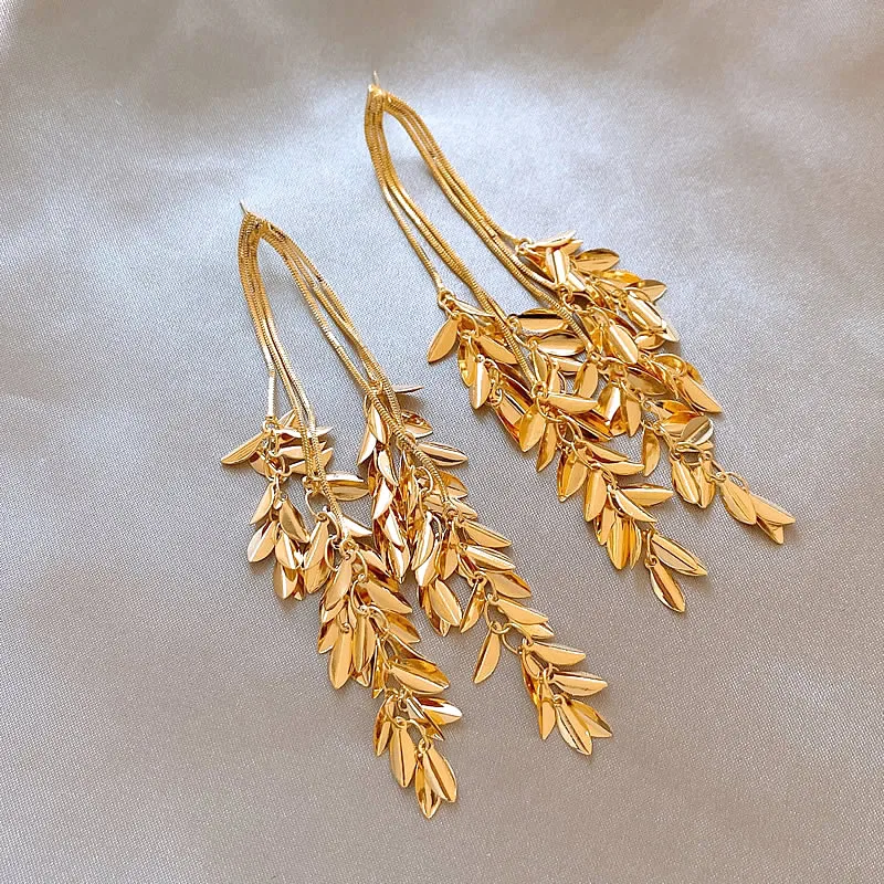 Kupferlegierung Metall Goldfarben Blatt-Quasten Lange Ohrringe Sexy Accessoires für Europäische und Amerikanische Frauen 2025 Trendiger Schmuck – Detail 8