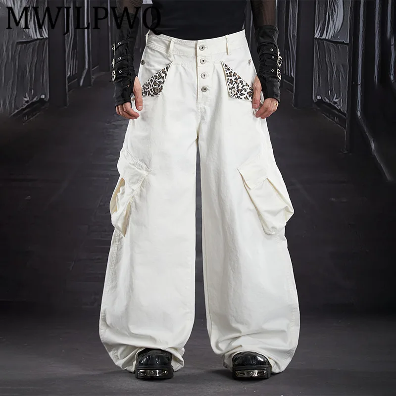 

MWJLPWQ Men's American Retro Leopard Print Patchwork Cargo Pants Niched Unisex Loose Wide Leg Multi-Pocket Casual Trousers 12841