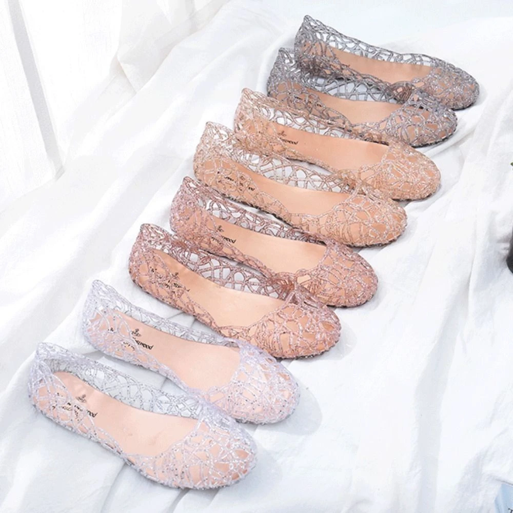 캐주얼 플랫솔 여성 샌들, 속이 비치는 투명 비치 젤리 슈즈, 얕은 앞코 통기성 블링 샌들 풋웨어