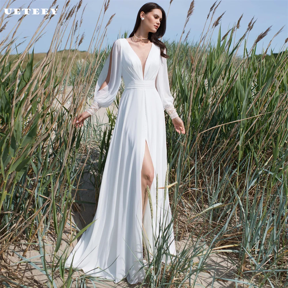 

UETEEY Customized V Neck Boho Puff Sleeves Pleats A Line Wedding Dress Women High Slit Lace Back Court Train vestidos de novia