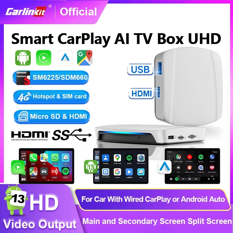 

2024 CarlinKit HD Video Output 1080P Android 13 CarPlay AI Box SM660 8-Cores Android Auto Wireless CarPlay Streaming Dual Screen