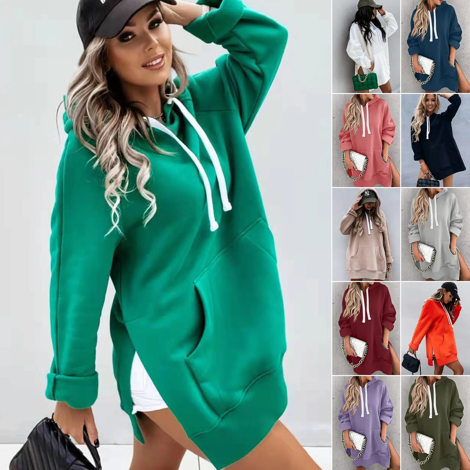 

Модная классическая однотонная удлиненная толстовка с капюшоном, комфортная теплая толстовка оверсайз средней длины, пуловер-свитшот