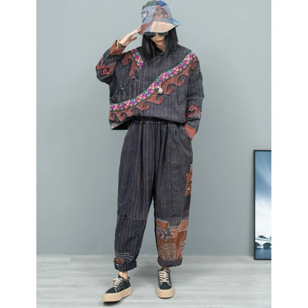 Hand Embroidered Pant Set Diagonal Buckle Long Sleeved Top + Harem Pants Two-piece Set Women 2024 Autumn ZF211