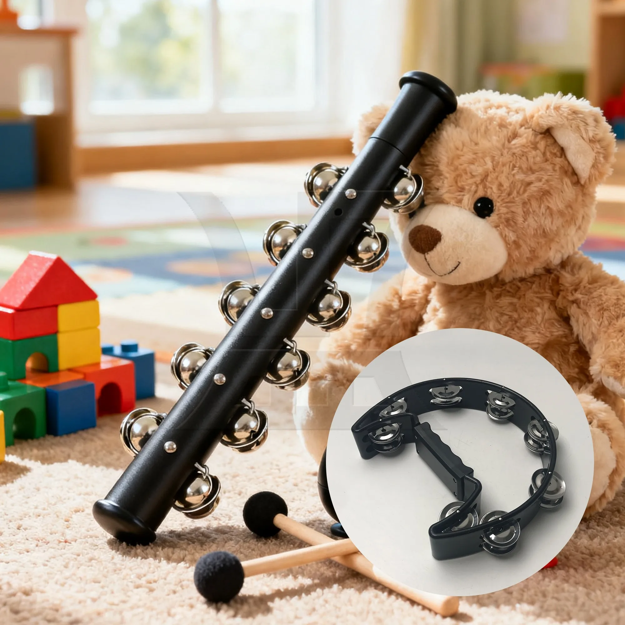 

Yibuy 1set Metal Jingles Bell Tambourine Set(2 Rhythm Stick) Black for Singing Accompaniment