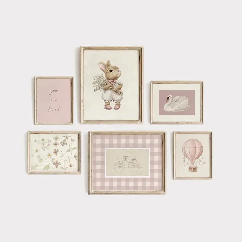 Pink Nursery Gallery Art Wall Poster Vintage Kids Room Swan Rabbit Canvas Painting Light Color Dorm Room Aesthetic Wall Art