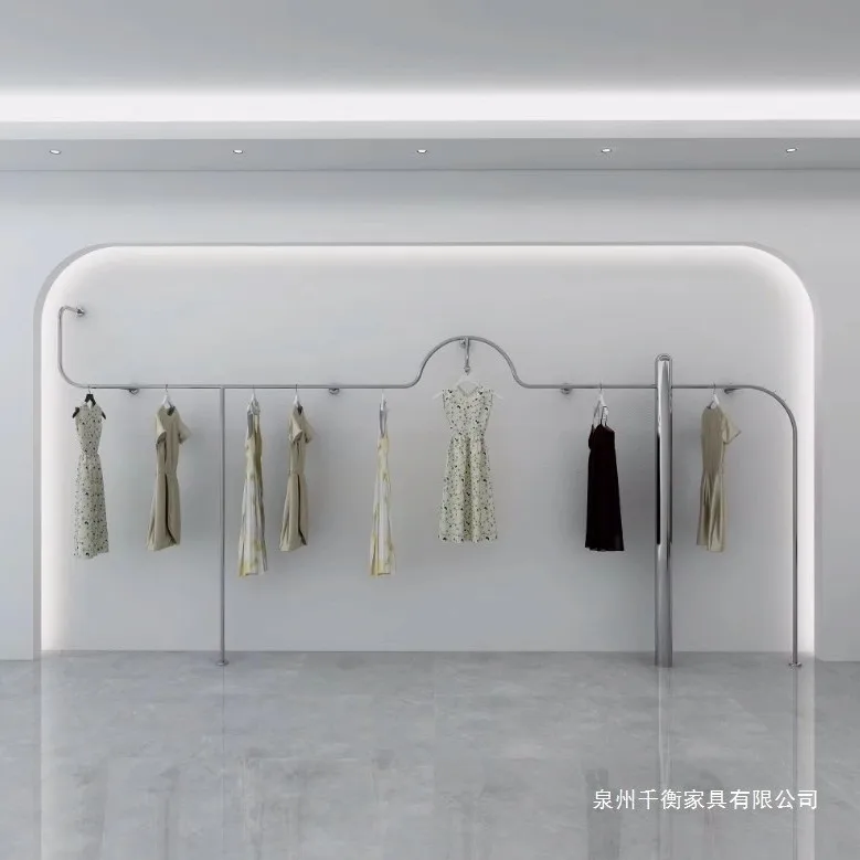 Wall-mounted side-hanging stainless steel clothing store display rack, brushed silver women's clothing store hanging rod display