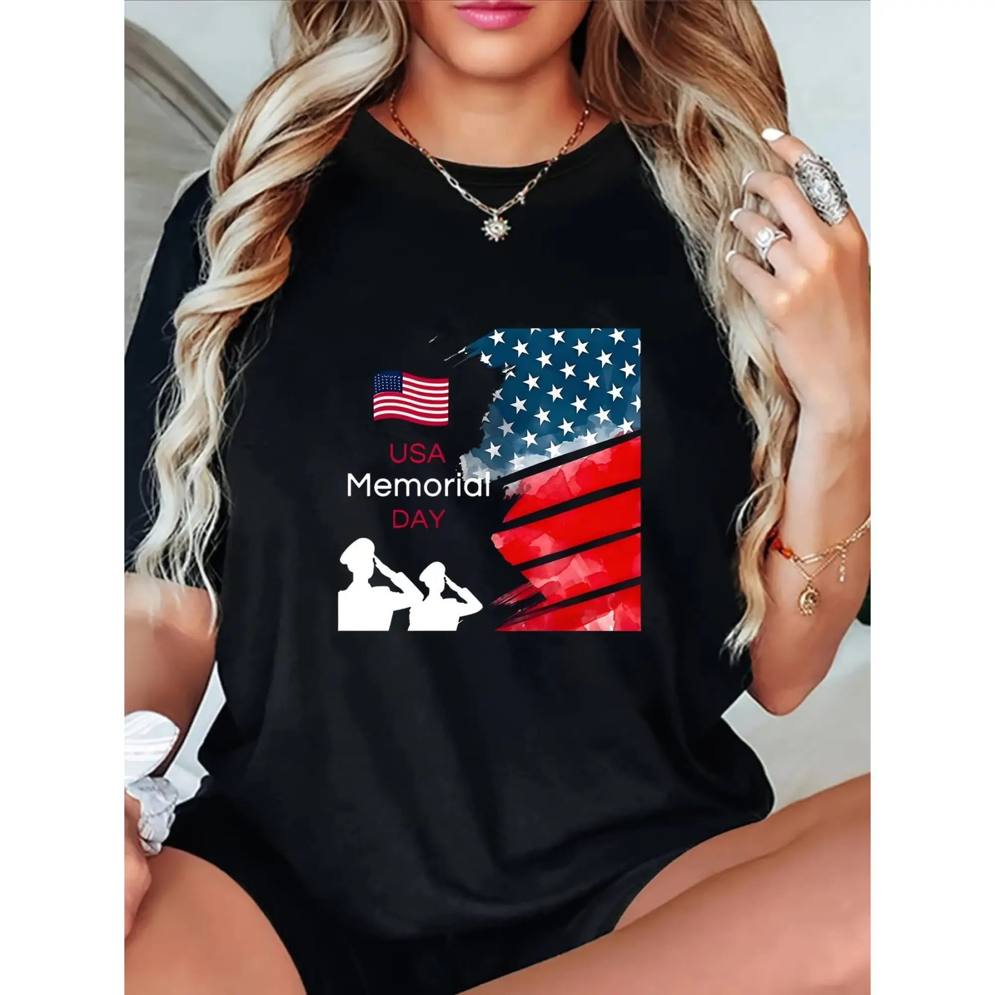 

USA Memorial Day Women's T-Shirt Patriotic American Flag Graphic Tees Casual Cotton Short Sleeve Tops