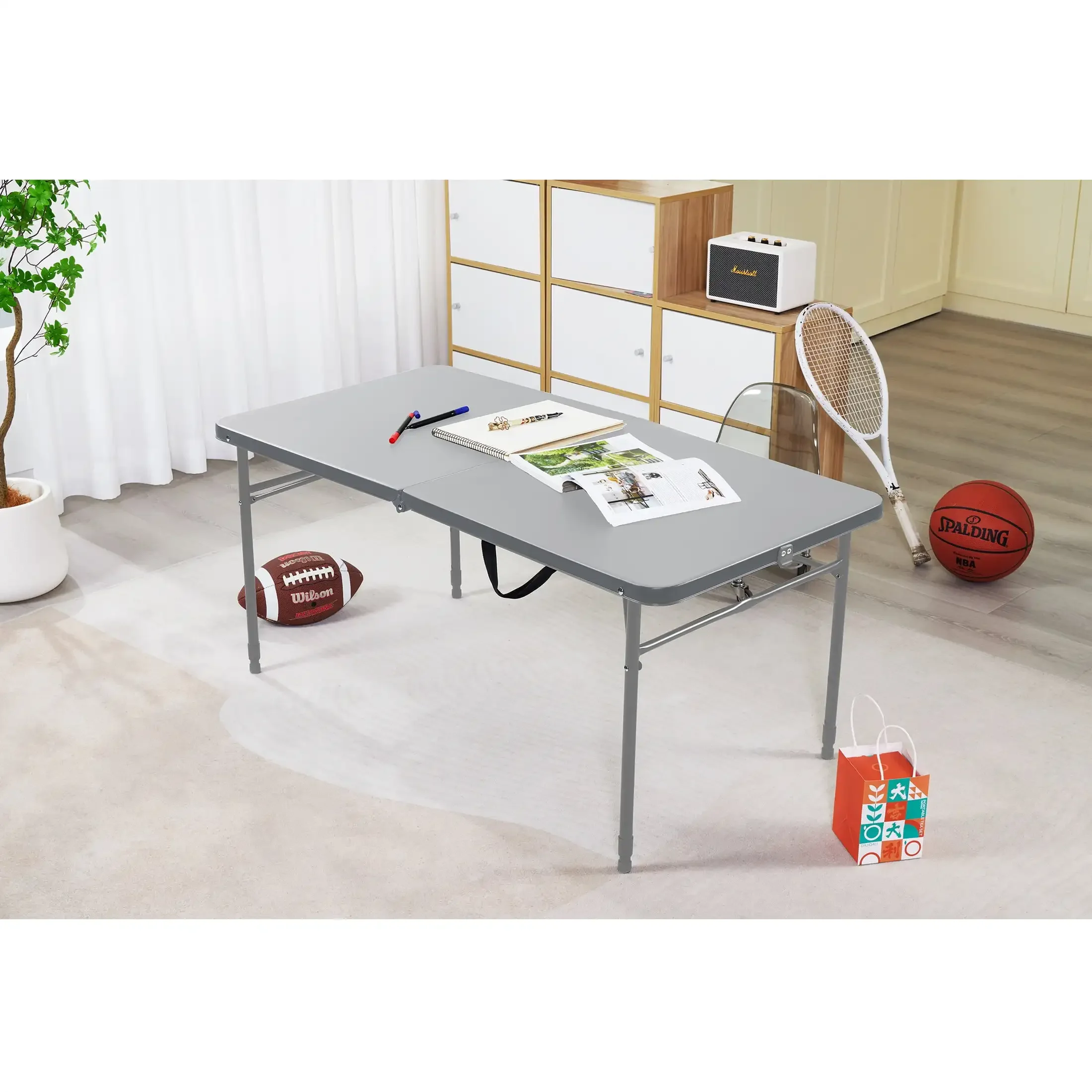 طاولة قابلة للطي بطول 4 أقدام قابلة للطي في النصف، رمادي
