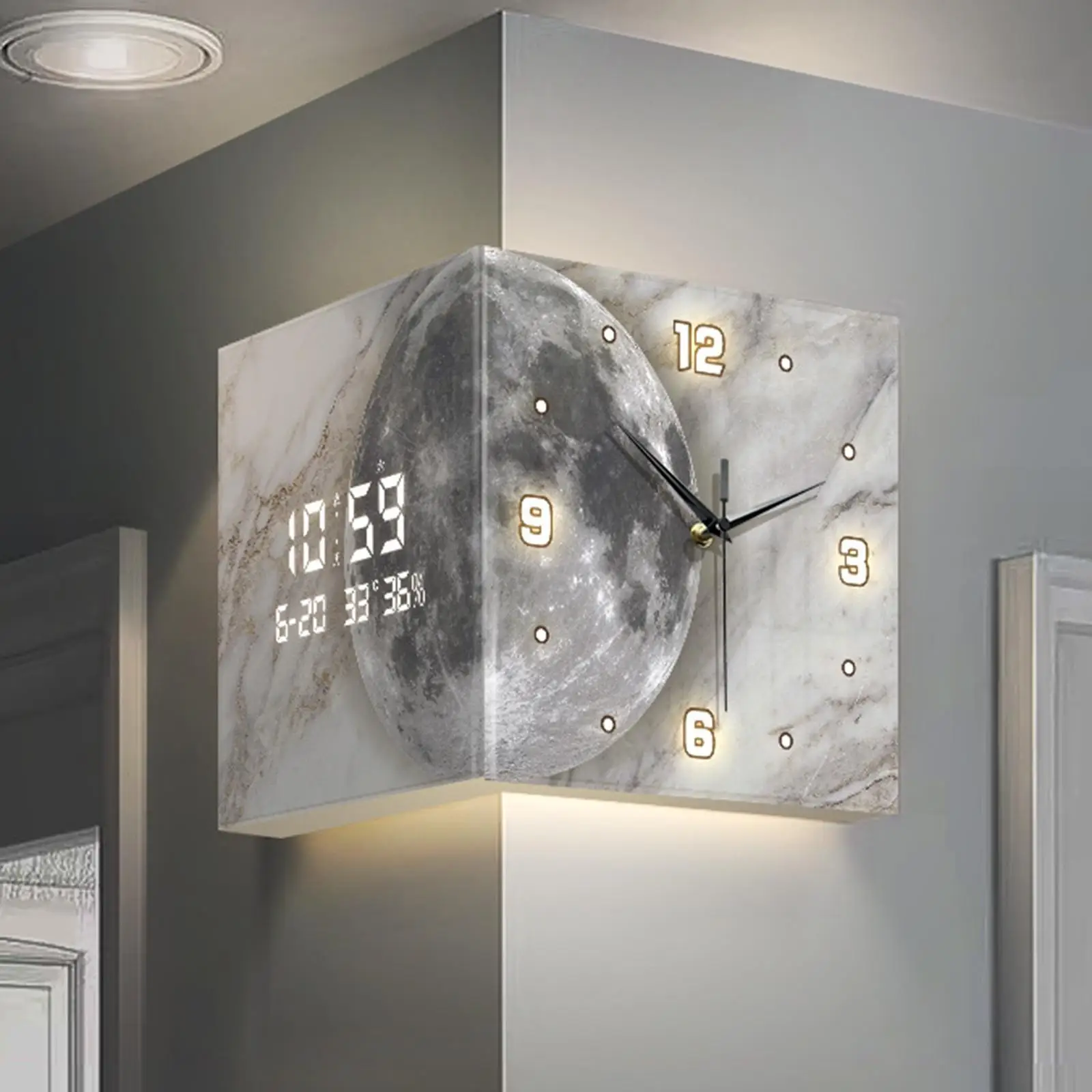 Decorative Lunar Pattern Double Sided Corner Wall Clock Big Noiseless Wall Mount Clock for Living Room Kitchen