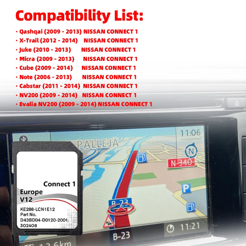 Connect1 V12 Maps Sat Nav SD Card for Nissan Qashqai Juke Coverage Spain Netherlands Poland UK UA