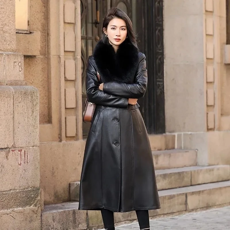 Mid-Length Chic Leather Coat Women Overcoat 2024 New Autumn Winter Loose Fur Collar Single-Breasted PU Leather Windbreakers