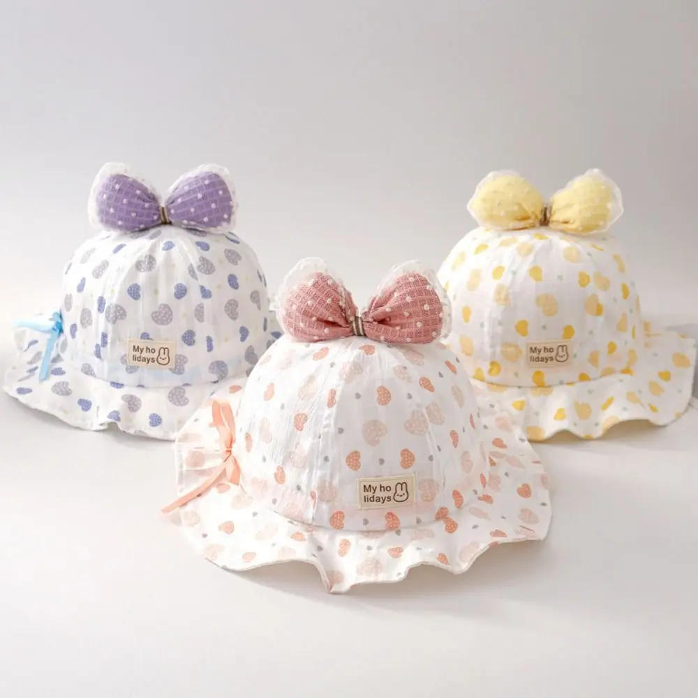 

Drawstring Sweet Baby Bucket Hat Heart Print Adjustable Cute Bow Infant Basin Cap UV Protection Breathable