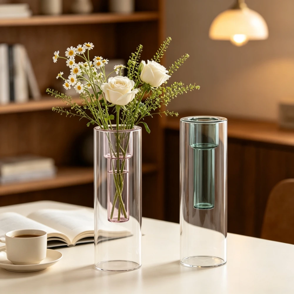 Double‑Layer Colored Glass Vase Clear Cylinder Flower Vase Hydroponic Plant Container for Home Office Desktop Decor