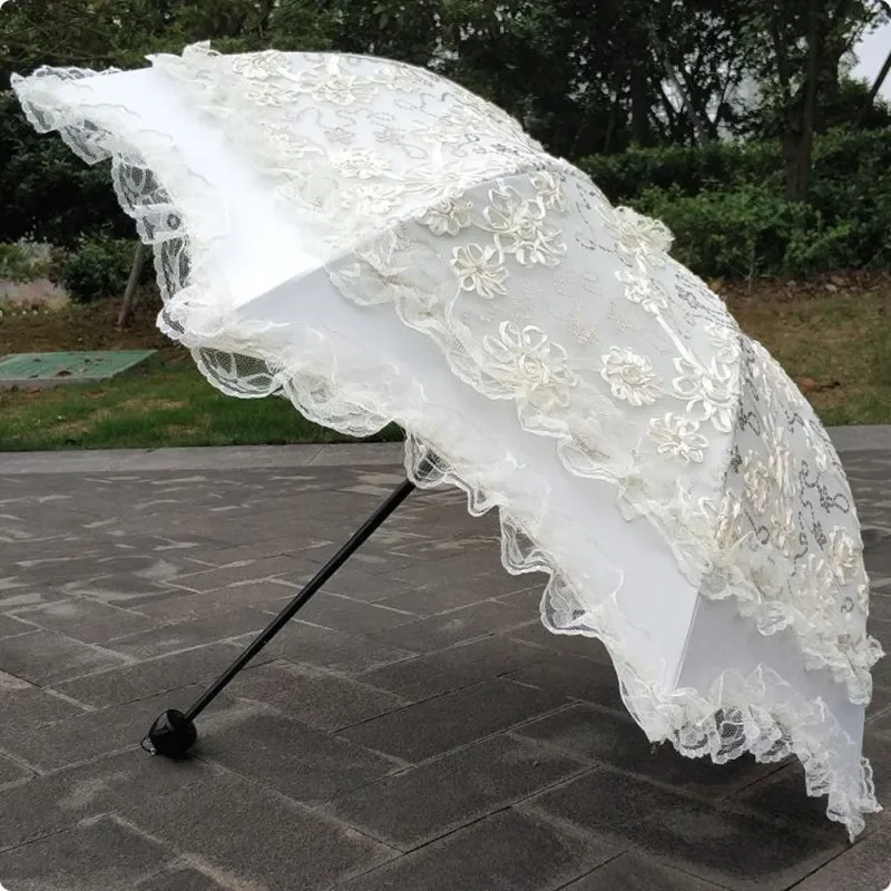 Korean Style Three Folding Umbrella, Black Coating, Beige Lace Embroidery, Flower Sequins, Princess Umbrella, Sunny