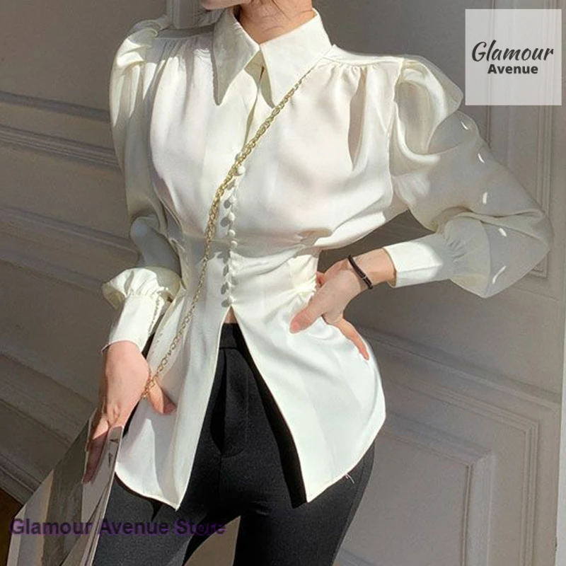 French retro design sense niche bubble sleeve split long-sleeved shirt women's spring and autumn fashion temperament casual top