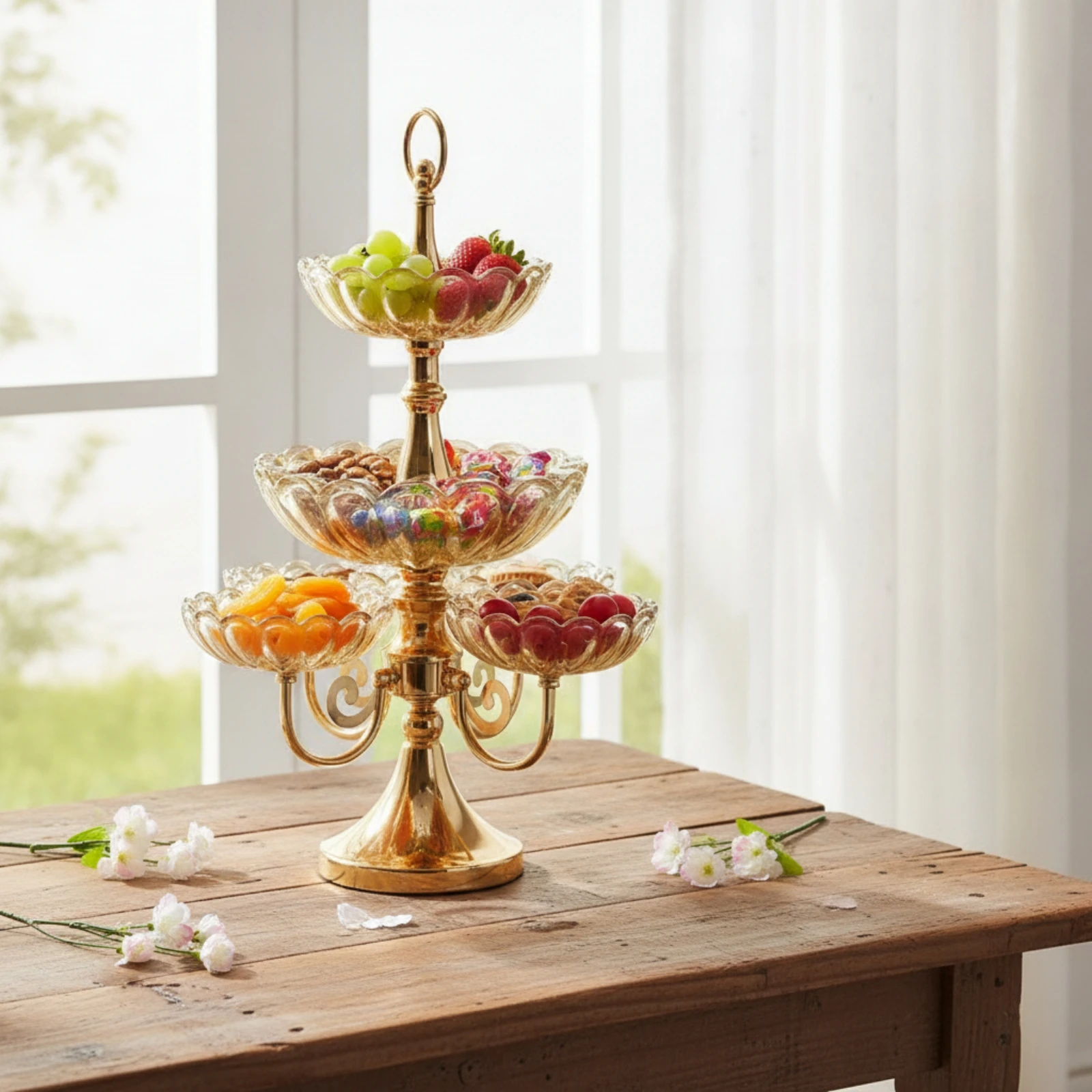 6-Tier Serving Stand Multi-Level Glass Fruit Stand with Metal Base Scalloped Glass Bowl Stand Elegant for Party Hosts, Tea Table