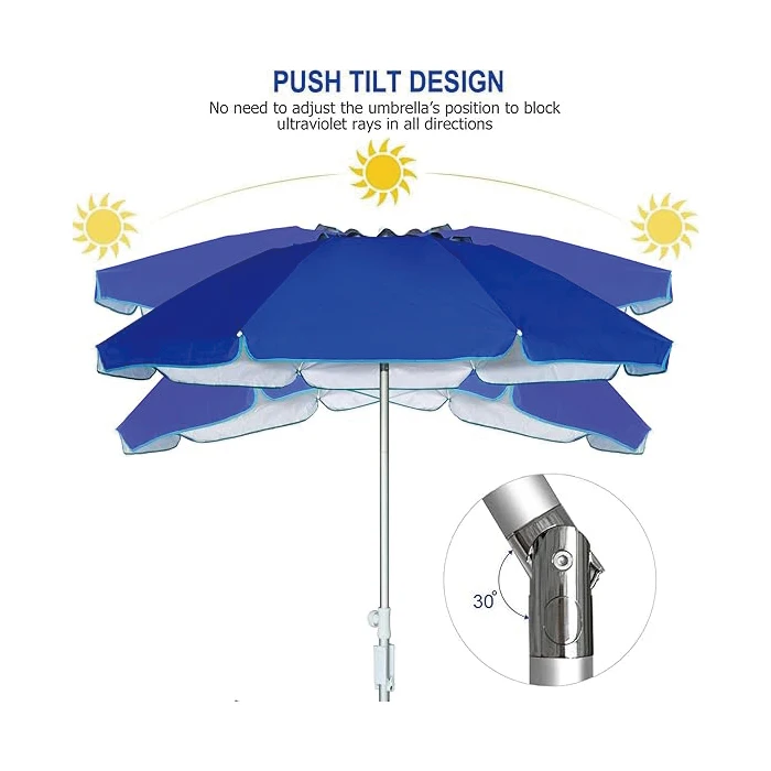 Ombrellone parasole grande telescopico da spiaggia portatile piegato con presa d'aria inclinabile con ancoraggio a sabbia per patio, giardino, spiaggia, piscina