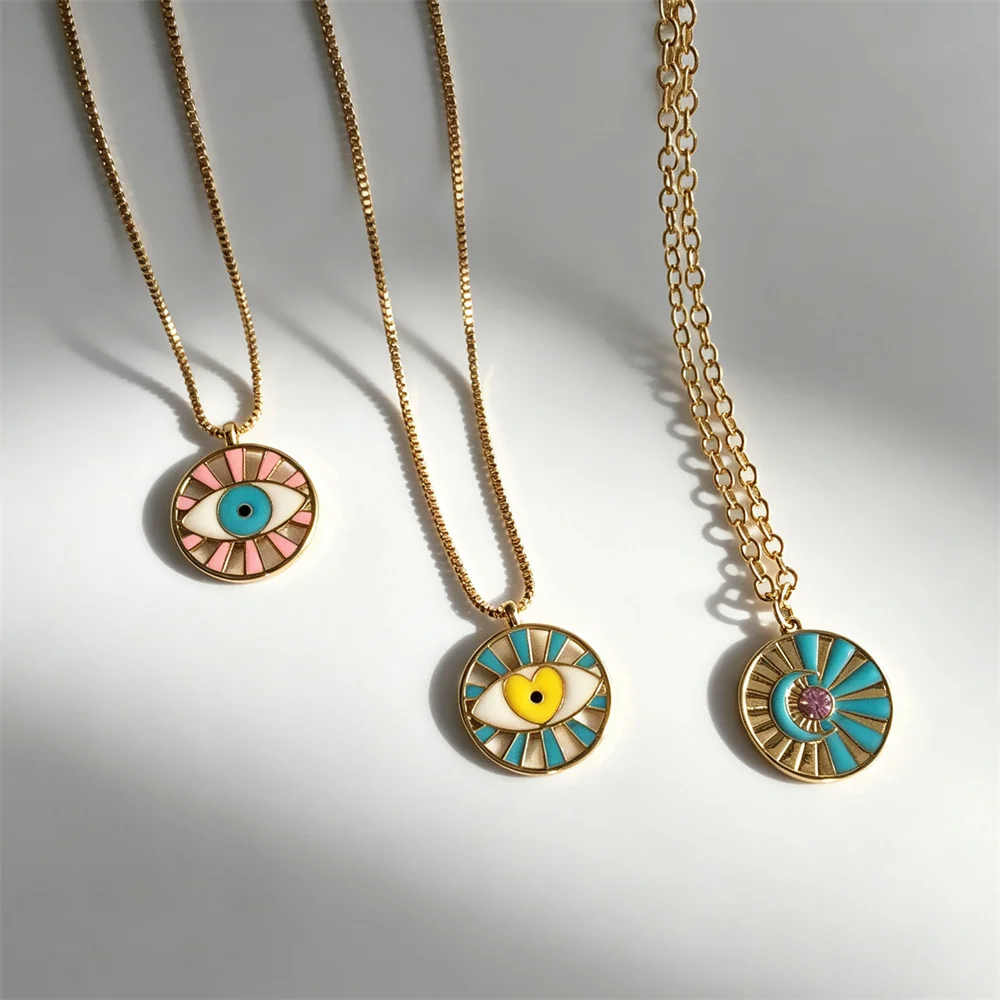 Special Design Pink Yellow Enamel Eye Hollow Circle Moon Star Round Pendant Necklace For Women Girl Casual Chic Bohemia Jewelry